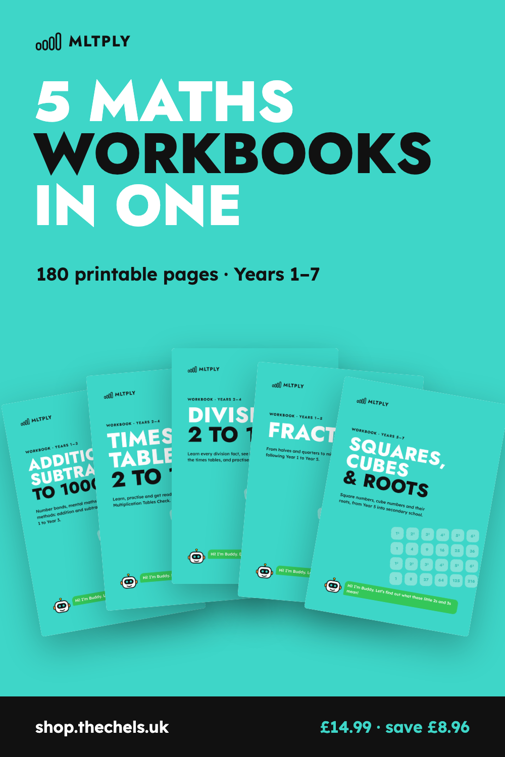 Five Mltply maths workbooks fanned out: Addition & Subtraction, Times Tables, Division, Fractions and Squares, Cubes & Roots
